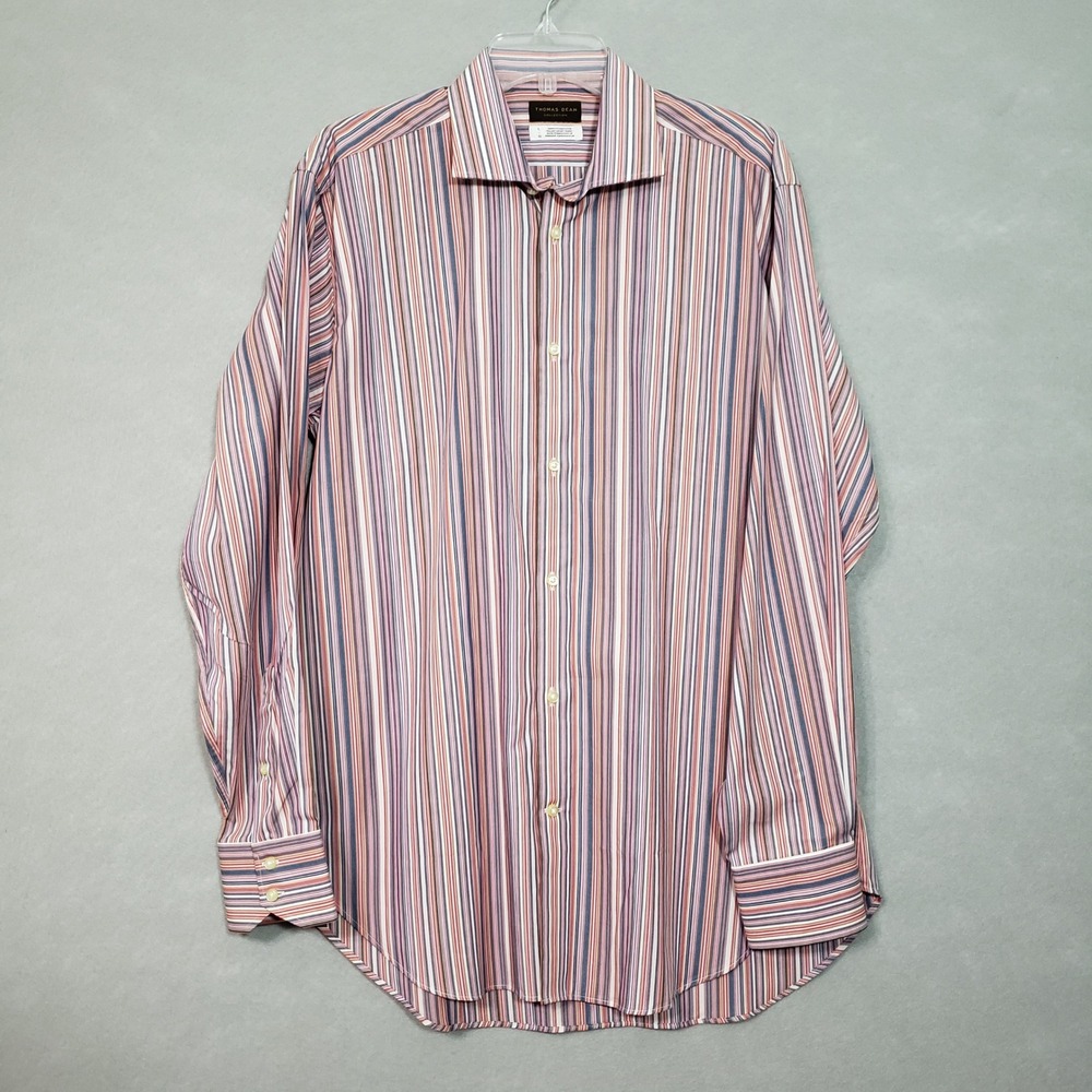 Thomas Dean Large Button Up Shirt Multi Stripe 100% Cotton Italian Luxury Fabric